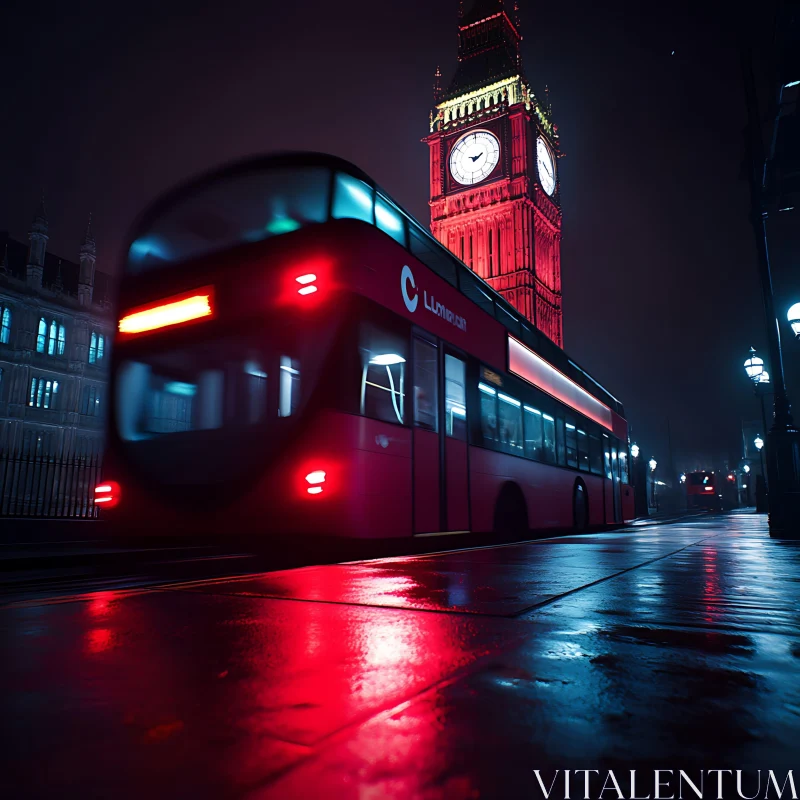 Red Double-Decker Bus and Illuminated Clock Tower at Night AI Image