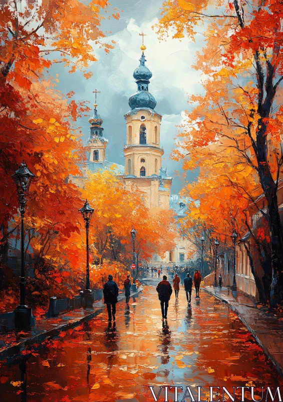 Urban Autumn Scene with Cathedral and Fall Foliage AI Image