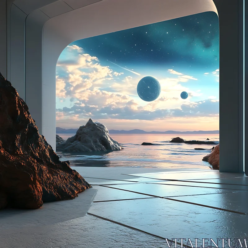 Futuristic Archway with Celestial Ocean View AI Image