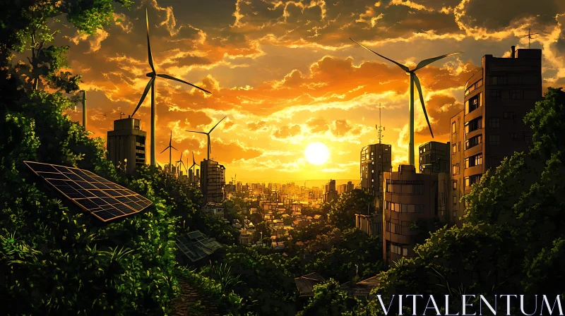 Sunset Cityscape with Solar Panels and Wind Turbines AI Image