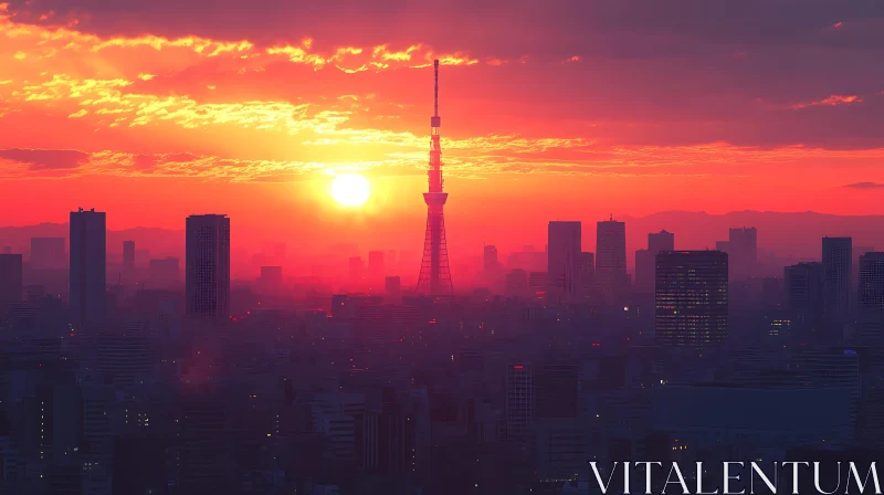 City Sunset with Tower and Urban Skyline AI Image