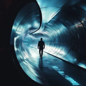 Person Walking in a Blue-Lit Futuristic Tunnel