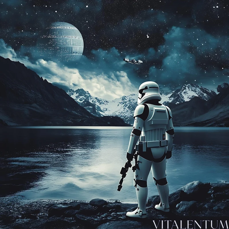 Stormtrooper Facing Space Station in Mountainous Landscape AI Image