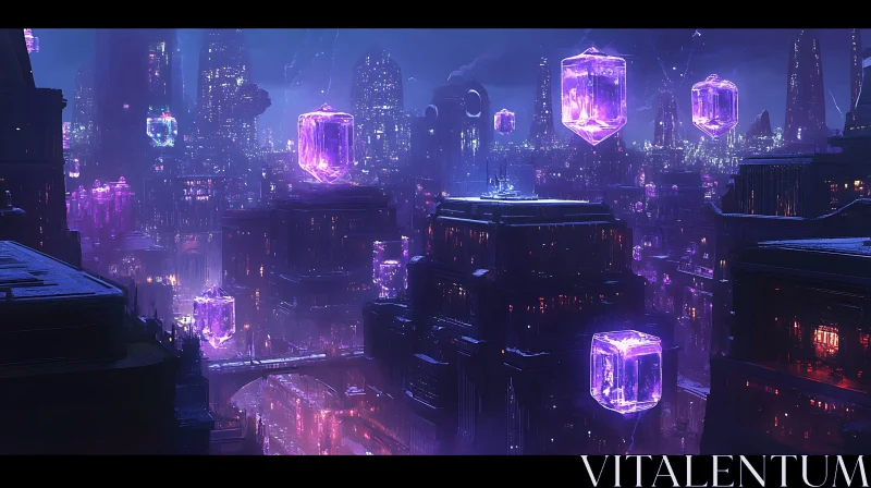 Modern Metropolis with Hovering Purple Structures AI Image