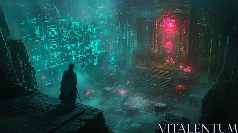 AI ART Cloaked Figure Overlooking a Mystic Temple