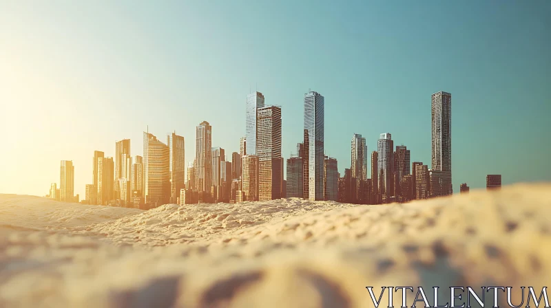 Urban Skyline Rising Above Sandy Landscape at Dusk AI Image