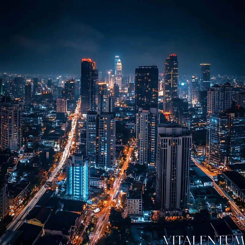 Urban Night Life: Illuminated Cityscape from Above AI Image