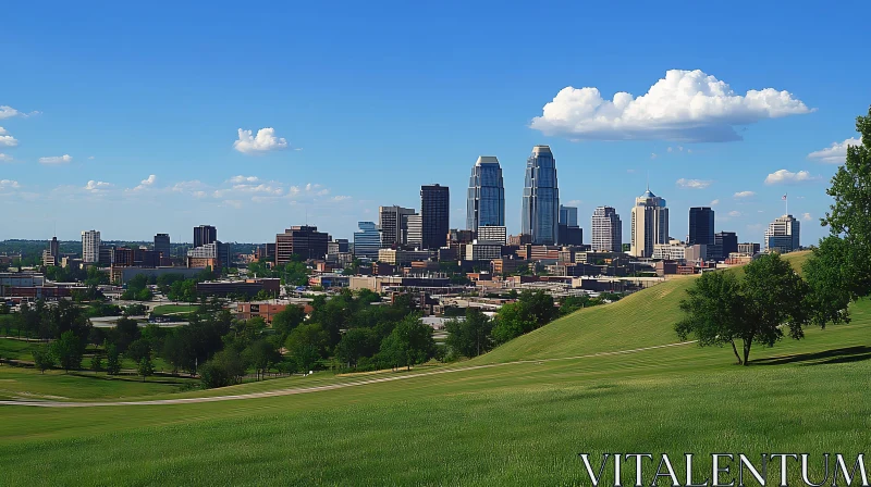 AI ART Modern Urban Skyline with Clear Blue Skies and Grasslands