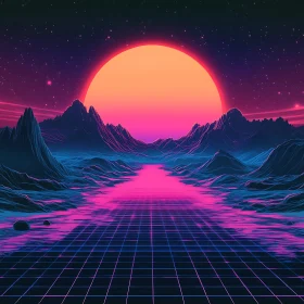 Neon Synthwave Landscape with Grid and Sunset