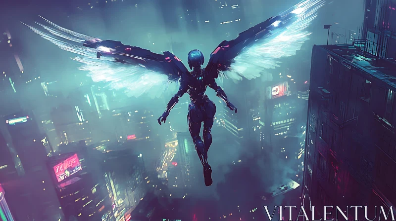 AI ART Cyborg Soaring Over Neon-Lit Futuristic City