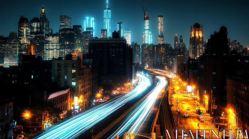 Nighttime Urban Landscape with Illuminated Skyscrapers and Light Trails AI Image