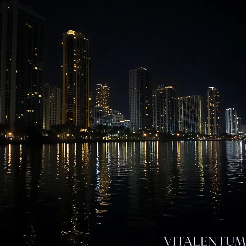 Urban Night Lights with Reflecting Skyscrapers AI Image