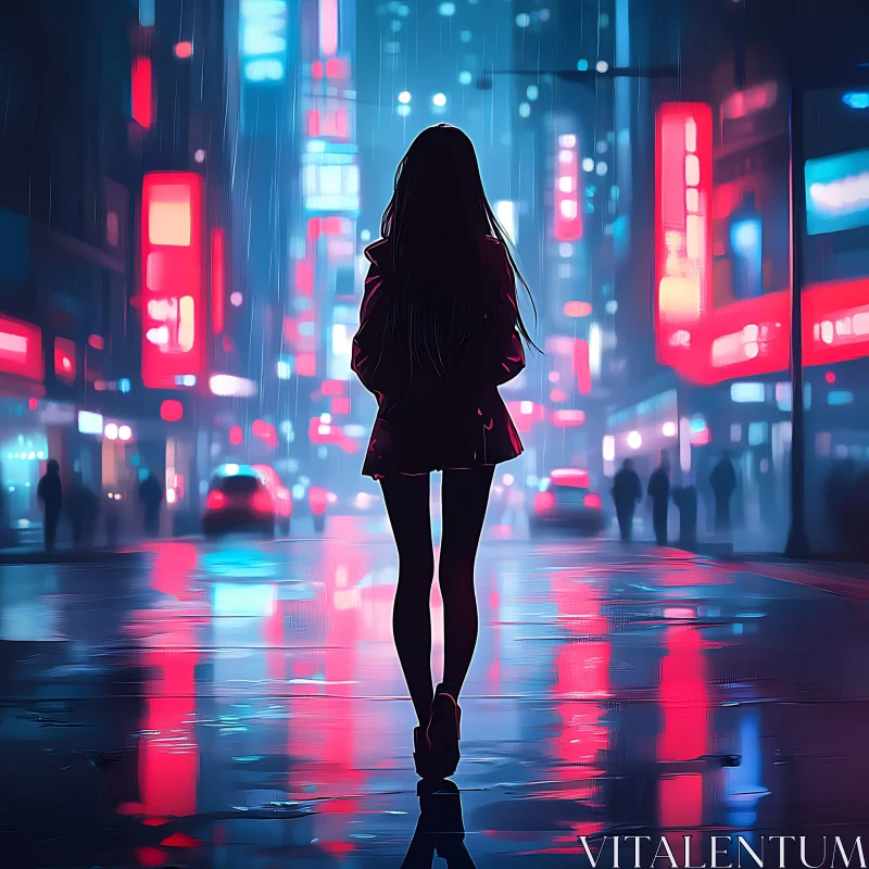 Neon-Lit Street Silhouette on a Rainy Night AI Image