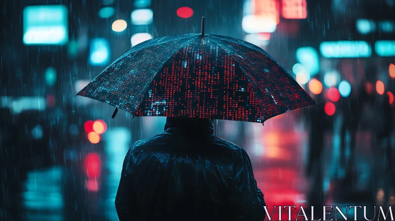 Digital Umbrella Under Neon Rain AI Image