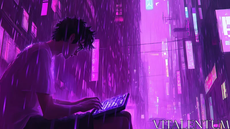 Neon Street with Person and Keyboard in Rain AI Image