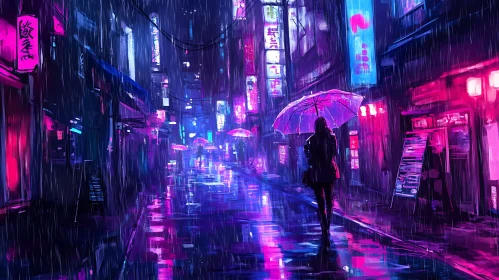 Surreal Night Street in Rain with Neon Glow