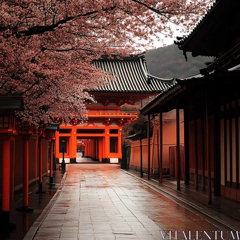 Tranquil Japanese Temple with Blooming Cherry Blossoms AI Image