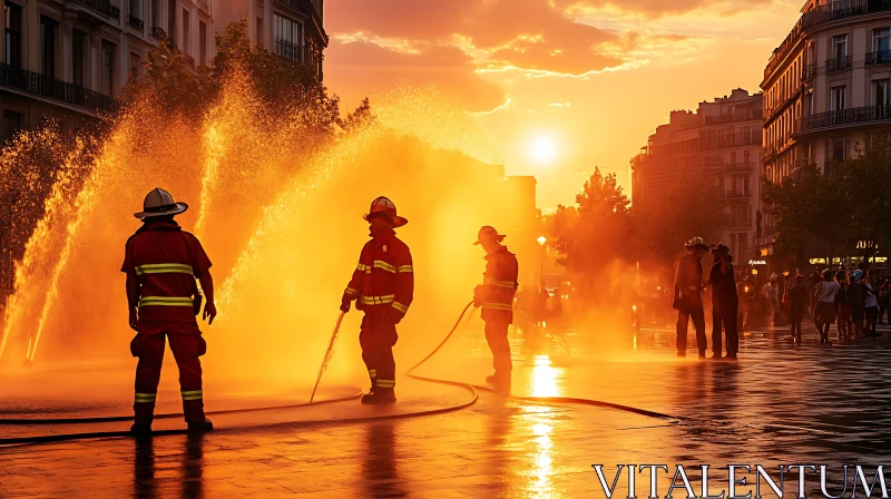 Urban Firefighters at Sunset AI Image