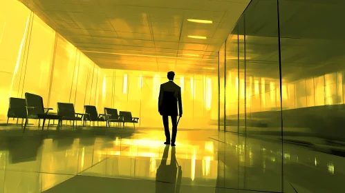 Mysterious Yellow Lit Corridor with Man's Silhouette