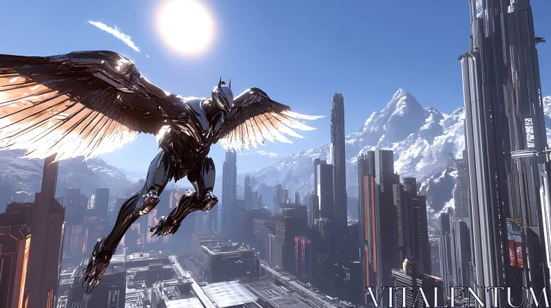 AI ART Winged Cyborg Over Futuristic Skyline