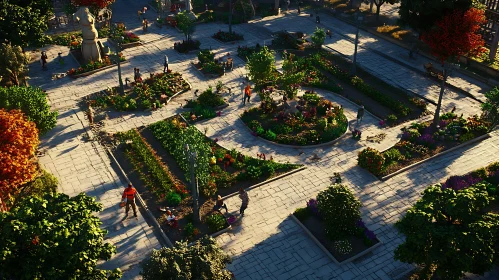 Sunlit Public Park Garden with Visitors and Gardeners