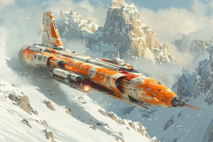 Spaceship in Snow-Capped Mountains