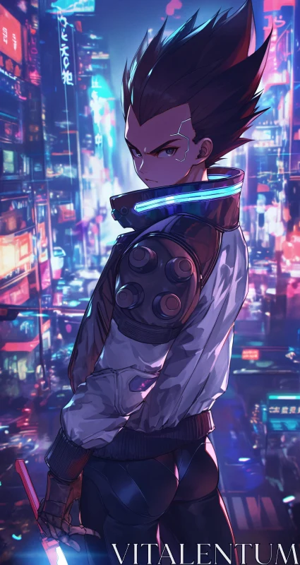 Cyberpunk Anime Figure Amidst Neon Urban Scene AI Image