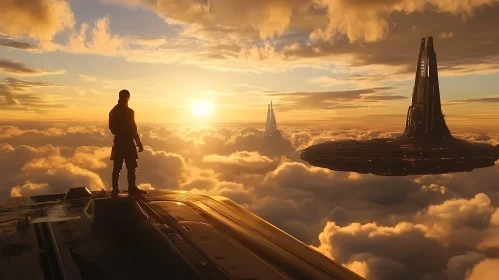 Man Gazing at Sunset Over Futuristic Floating City