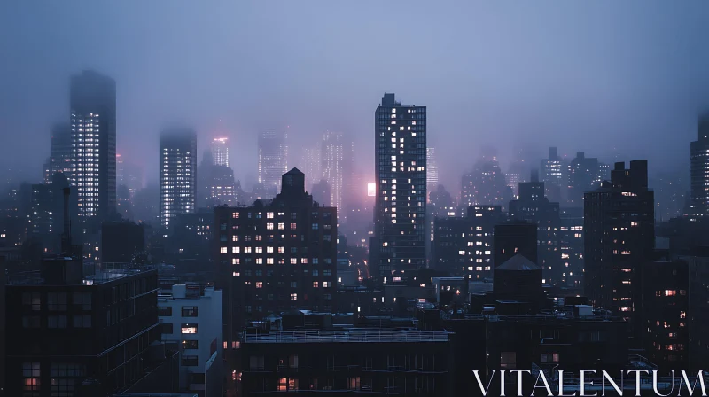 Foggy Urban Nightscape with Lighted Windows AI Image