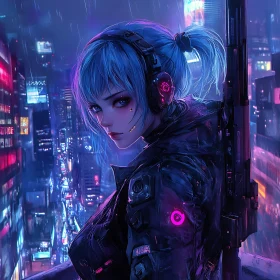 Neon Cityscape with Blue-Haired Cyberpunk Character