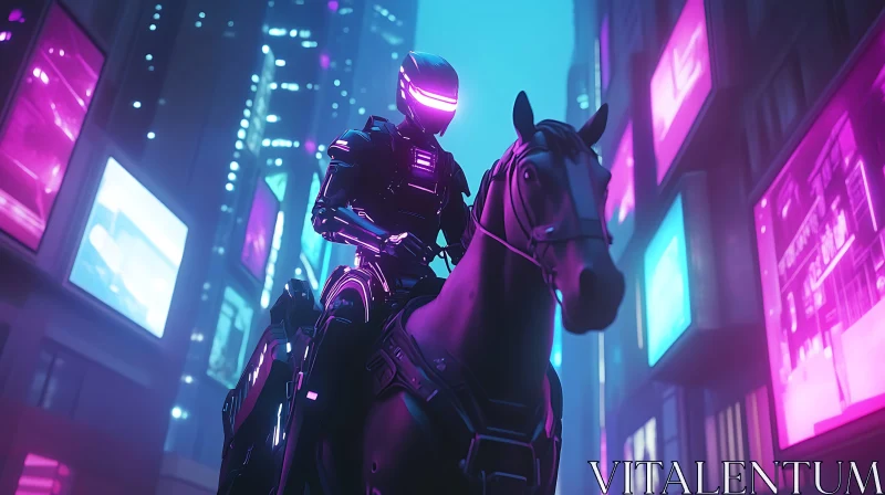 Cyberpunk Knight on Horseback in Neonic Metropolis AI Image