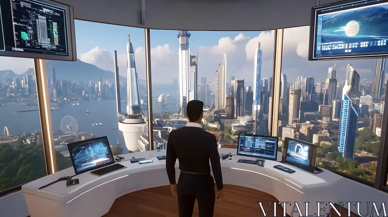 AI ART High-Tech Office with Futuristic City View and Advanced Monitors