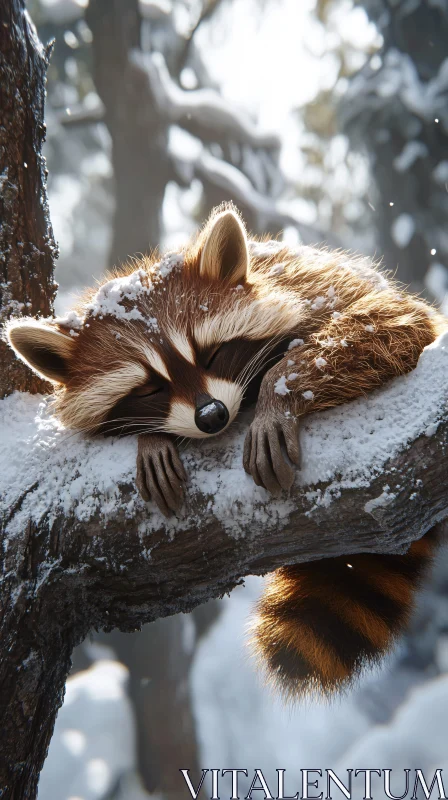 AI ART Peaceful Raccoon Resting on Snowy Branch