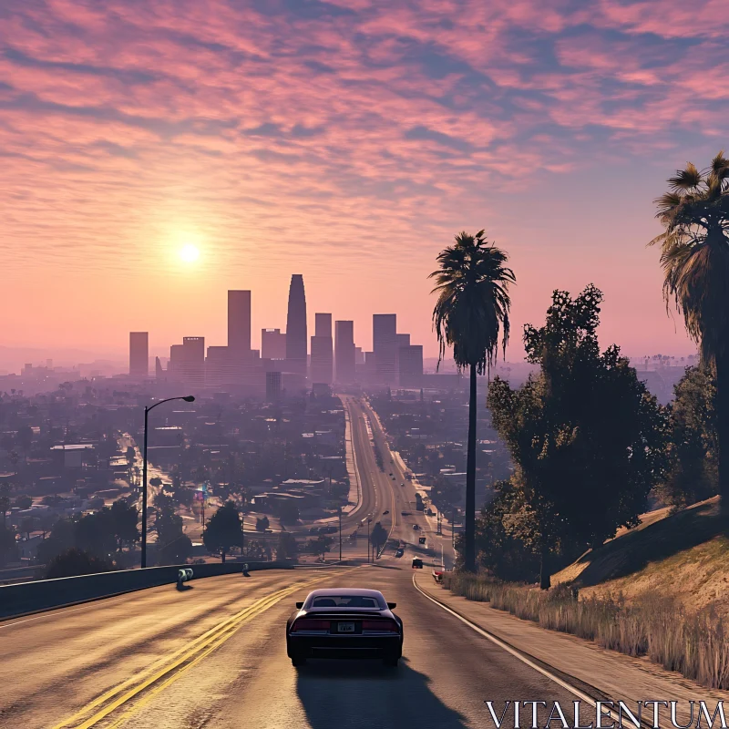 City Skyline with Car on Highway at Sunset AI Image