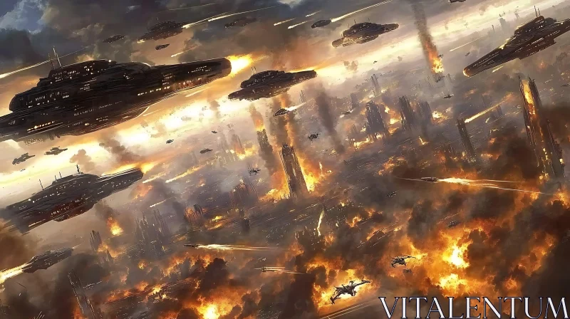 Spaceships in a Burning Futuristic City AI Image