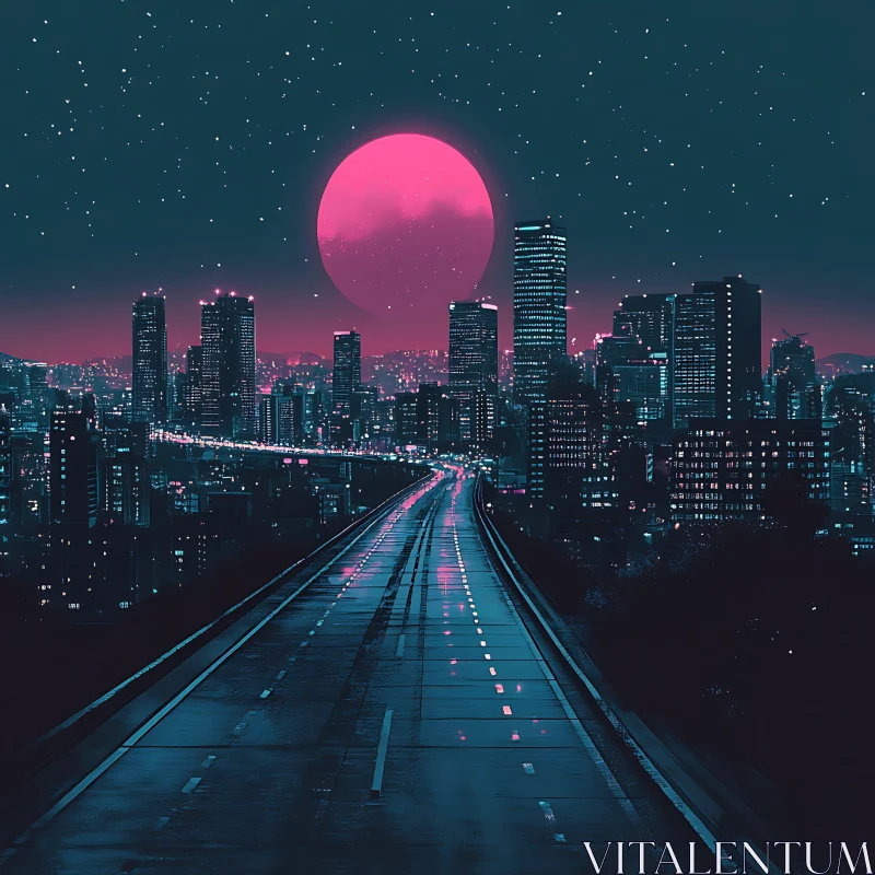 Neon Pink Moon Over Metropolis AI Image