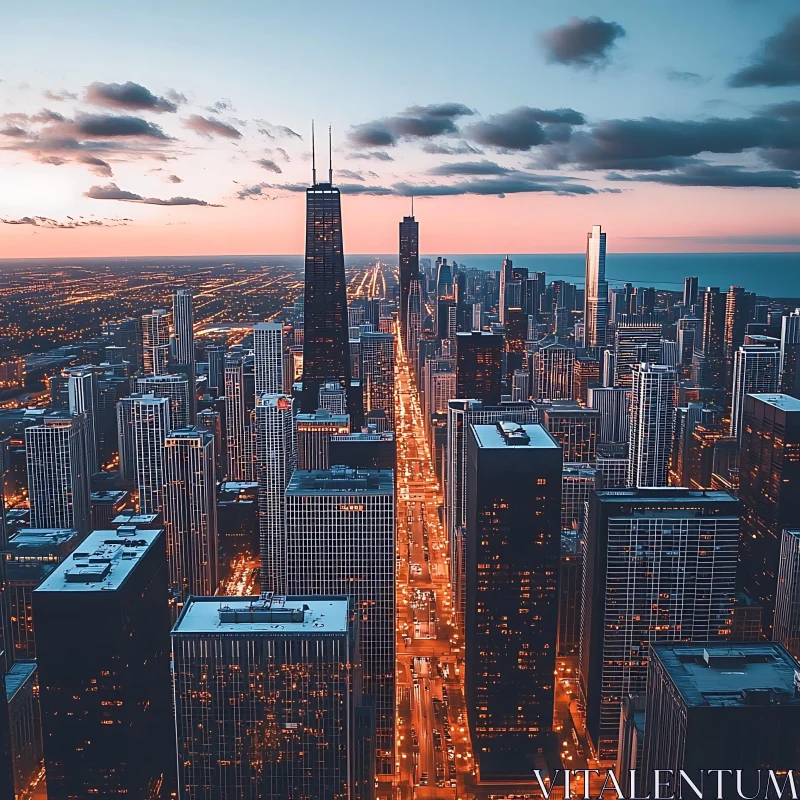 Majestic Urban Sunset with Glowing Streets and High-Rise Buildings AI Image