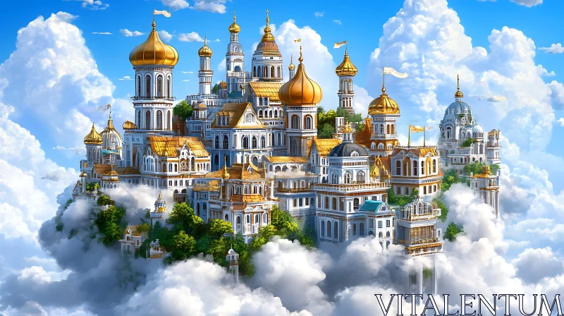 Floating Architectural Marvel with Golden Domes AI Image