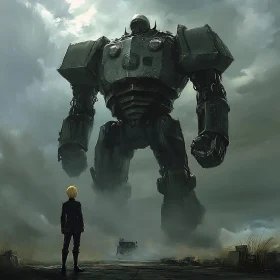 Ominous Robot and Individual in Desolate Setting