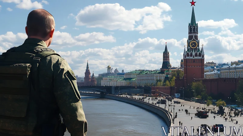 Guarding the River: Soldier in Cityscape AI Image