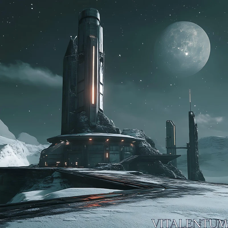 Moonlit Sci-Fi Architecture in Snowy Landscape AI Image