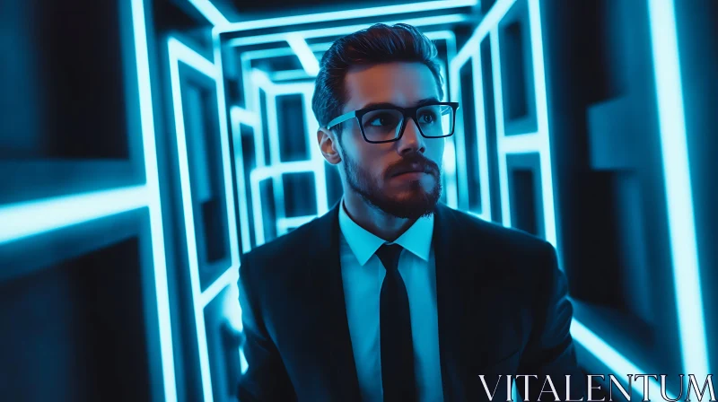 AI ART Man in Glasses in Neon Lit Corridor