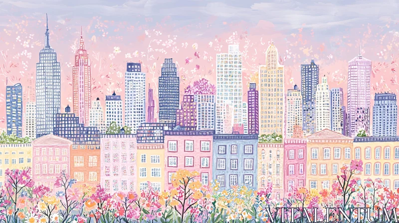 Pastel Skyline Illustration with Flower Foreground AI Image