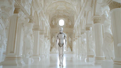 Modern Robot in Classical Marble Architecture