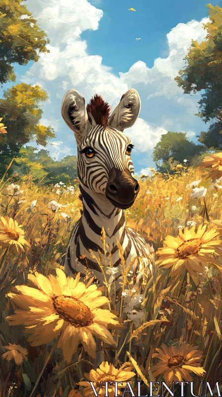 Zebra Among Yellow Blossoms AI Image