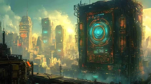 Cyberpunk Sunset City with Massive Technological Structures