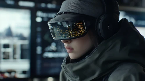 Modern VR Headset Reflecting Urban Lights