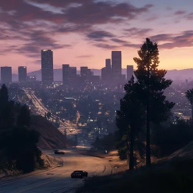 Urban Sunset with Winding Road and Buildings