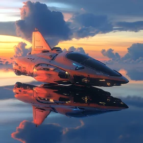 Spaceship Hovering against a Cloudy Sunset Sky
