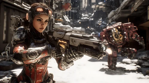 Sci-Fi Soldier and Robot in Urban Combat